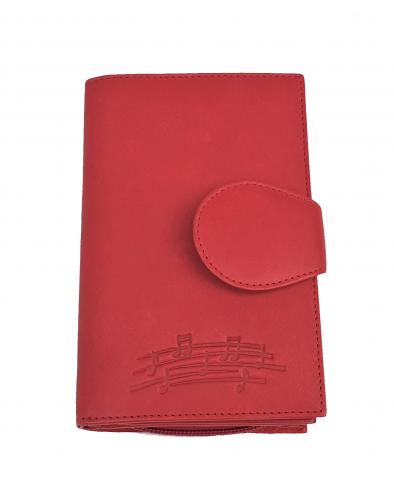 Red leather wallet with sheet music notes