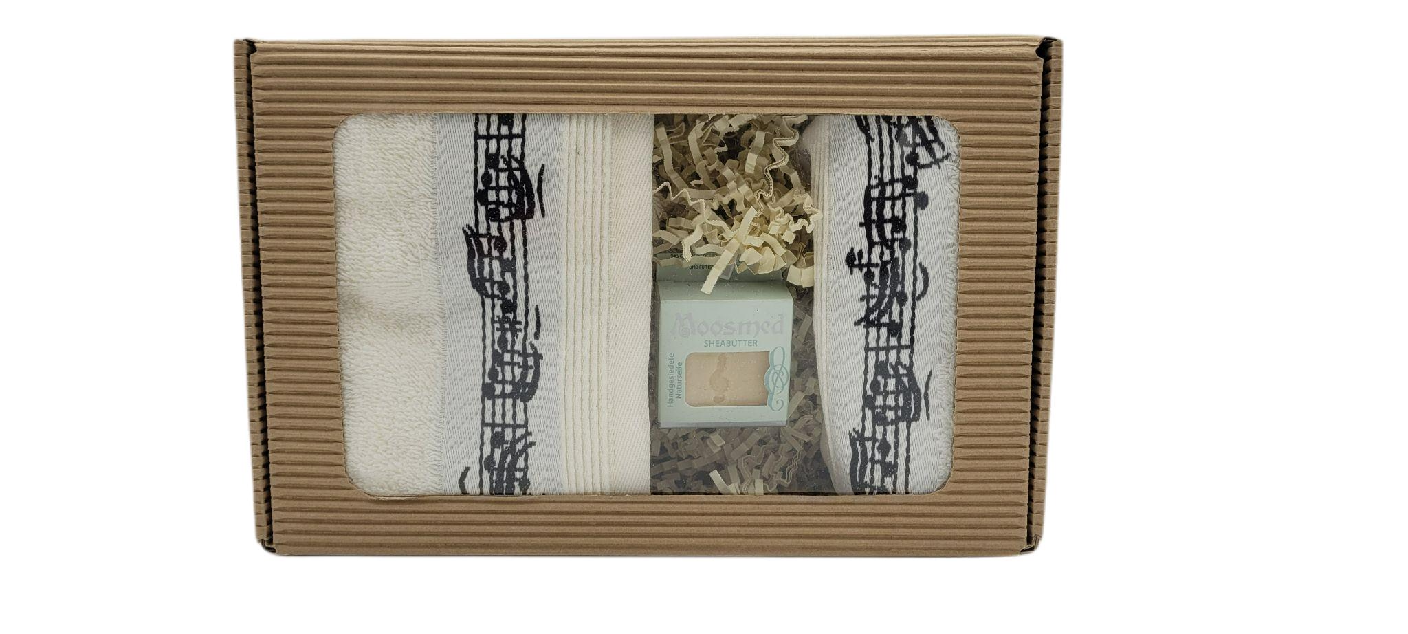 Musical gift set with guest towel, wash mitt and mini soap in gift box