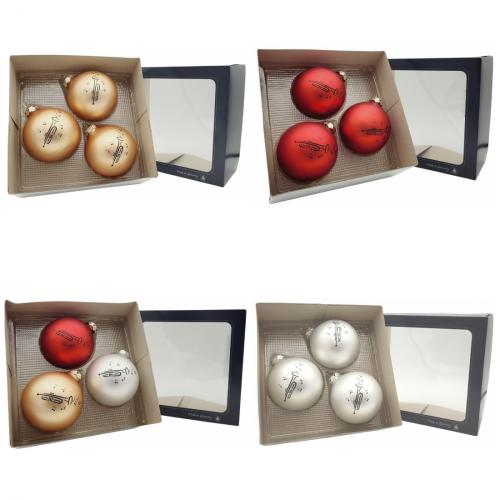 Set of 3 Christmas balls with trumpet print, different colors