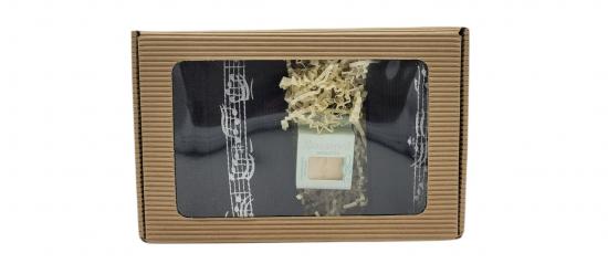 Musical gift set with guest towel, wash mitt and mini soap in gift box, black