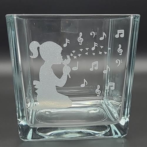 Musical glass vase with girl and notes, square