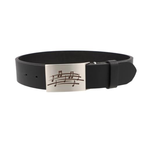 Leather belt with metal buckle with various instruments and musical motifs - motif: music line