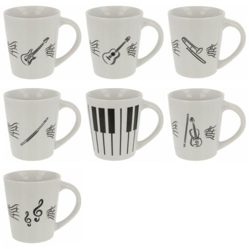 Coffee mug with musical notes and various instruments
