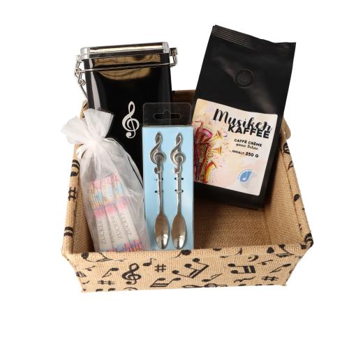 Gift set with musician's coffee, coffee tin, spoon and sugar with jute box