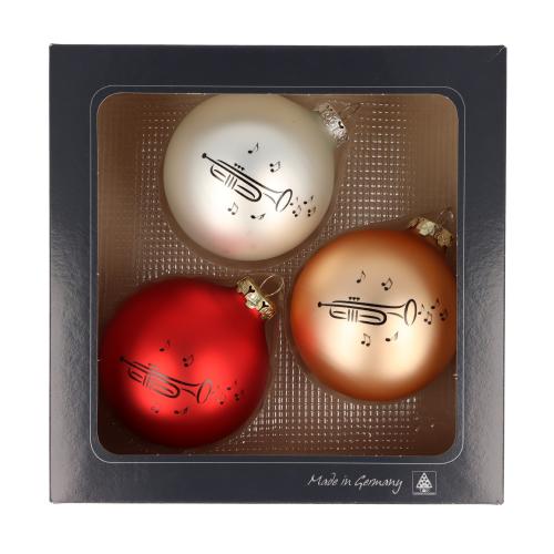 Set of 3 Christmas baubles with trumpet print, different colors - Color: red/gold/silver mat