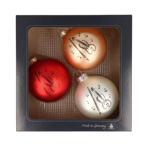 Set of 3 Christmas baubles with violin print, different colors - Color: Red/Gold/Silver