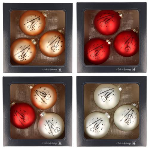 Set of 3 Christmas baubles with violin print, different colors