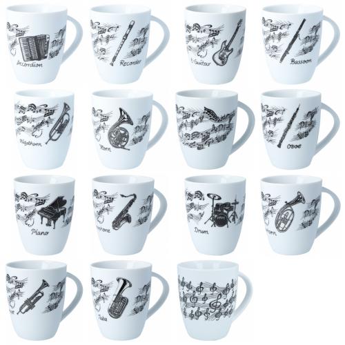 Handle cup white with black print, various motifs