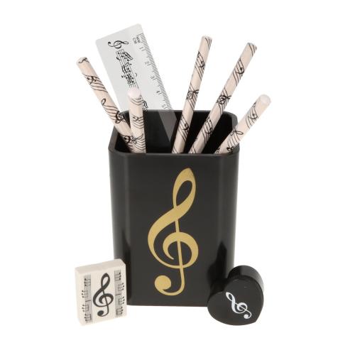 Schreibset, Stiftebox mit goldenem Violinschlüssel, Lineal, Radiergummi, Herzspitzer und sechseckige Bleistifte