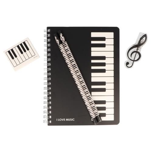 Schreibset aus Spiralblock, 2 sechseck-Tastatur-Bleistiften, Violinschlssel-Klammer und Tastatur-Radiergummi