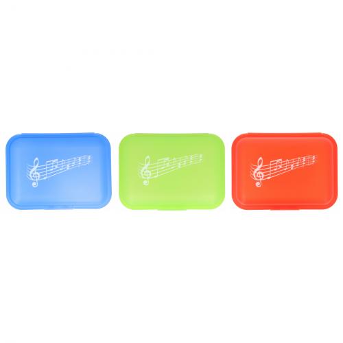 3 x Brotdose mit Klickverschluss und Notenaufdruck, 3 Farben - blau, limone und rot